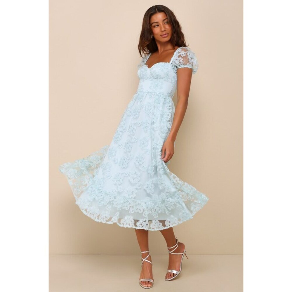 Lulus Notable Elegance Mint Mesh Floral Applique Bustier Midi Dress Green
